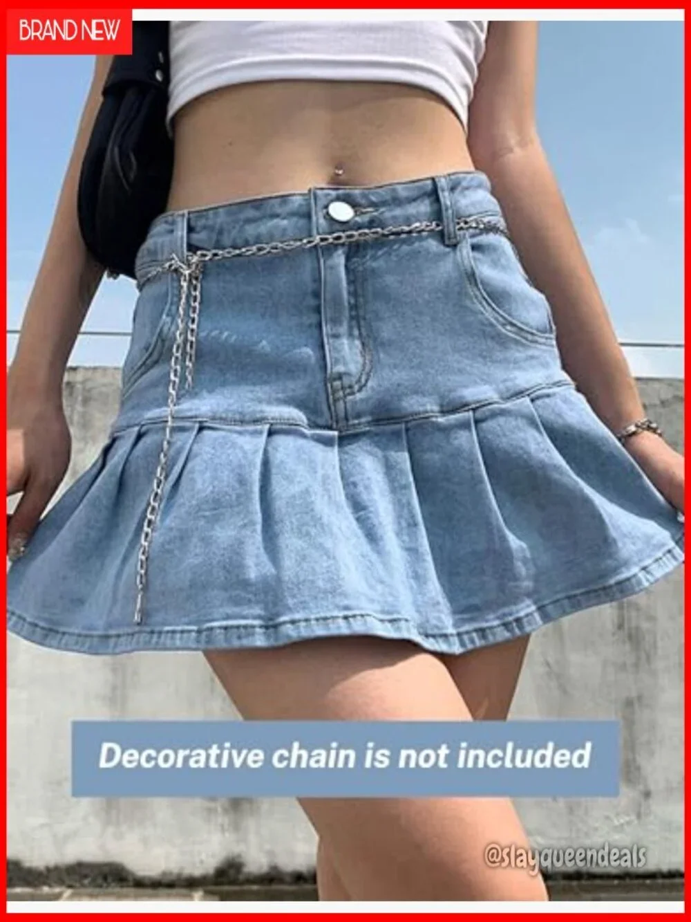 Pleated Denim Mini Skirt High Waist A-Line Slim Fit with Pockets